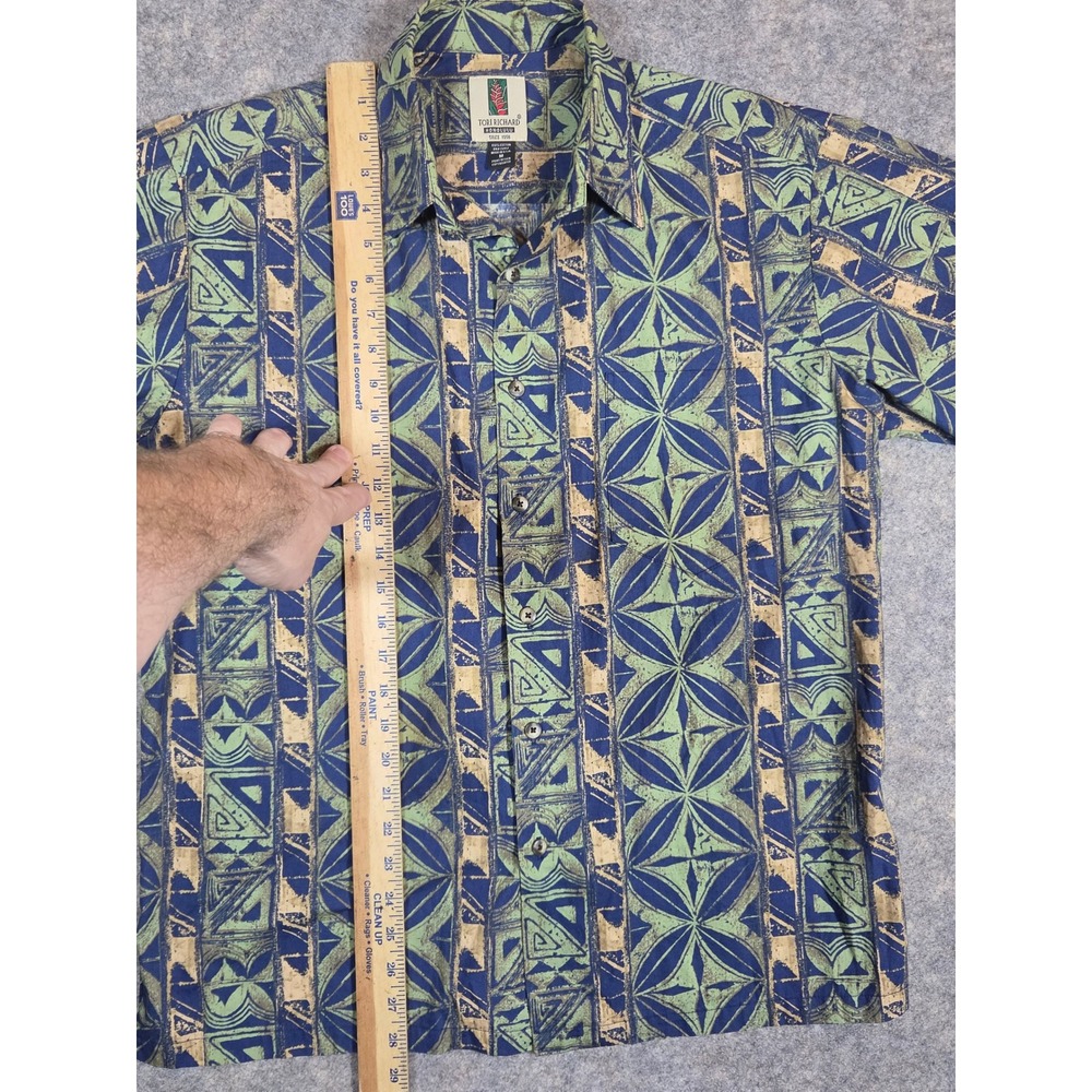 Tori Richard Honolulu Mens Medium Blue Green Tribal Geometric Cotton Aloha Shirt - Picture 5 of 9